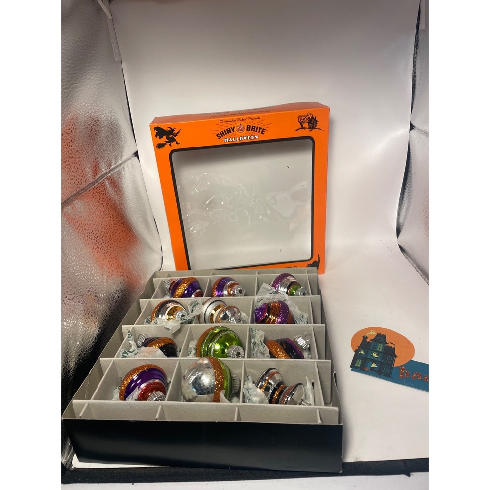 Christopher Radko 12 glass  Halloween Ornaments Shiny Brite Orange Black Purple